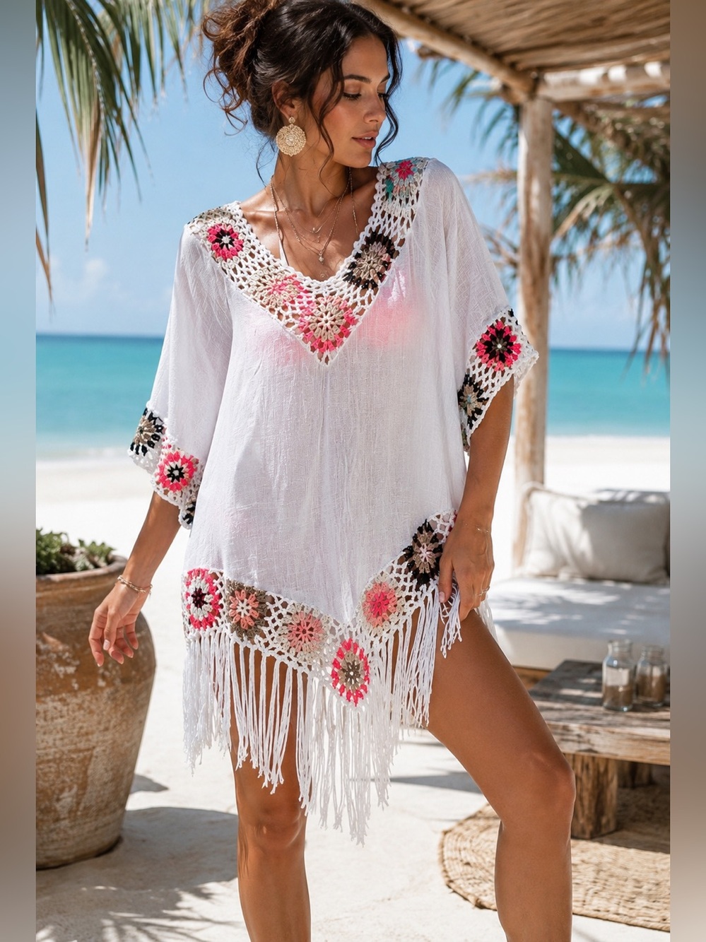 Boho Granny Square Crochet Fringe White Semi Sheer Cover Up Poncho O/S Resort